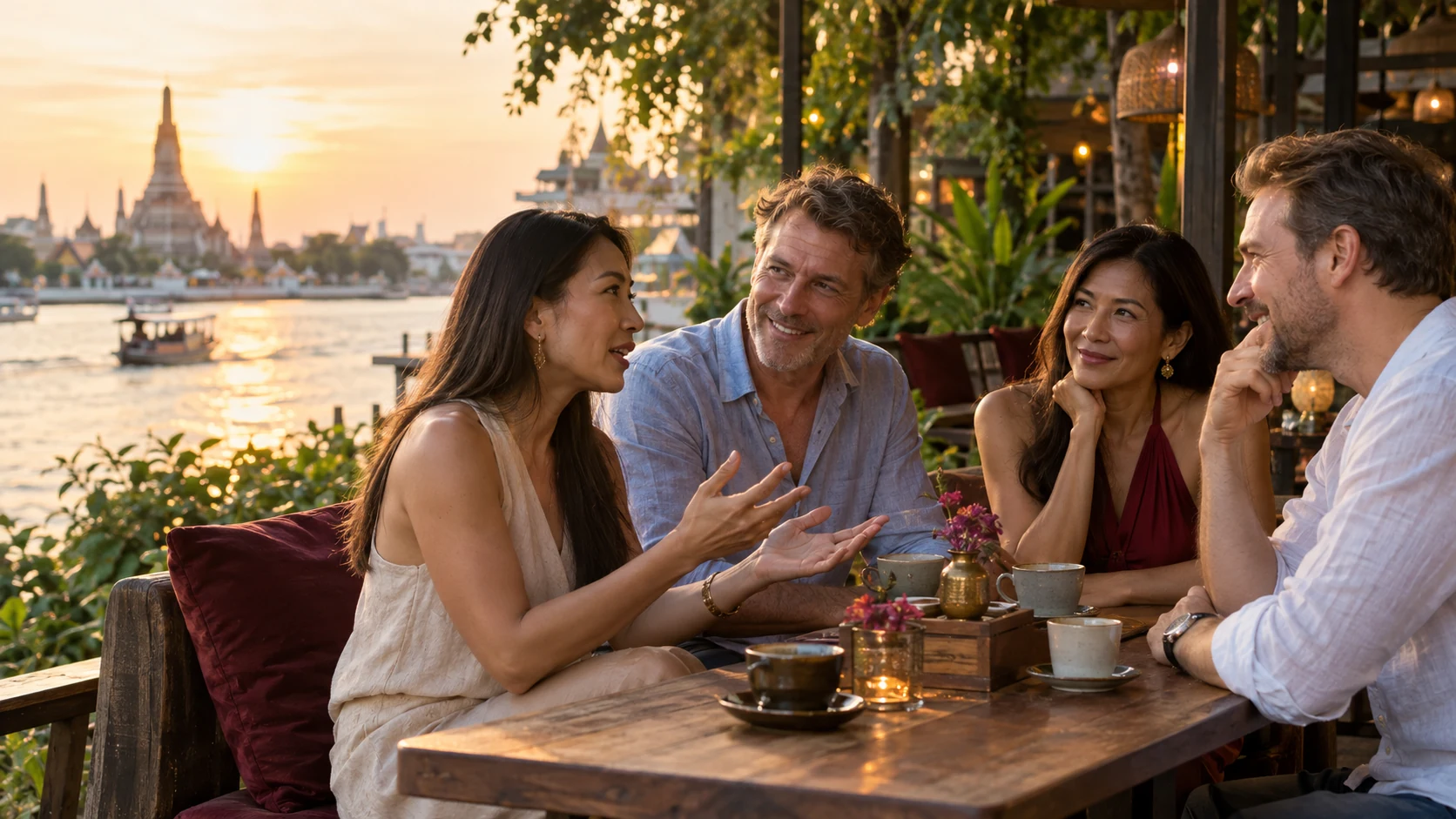 Friends chatting at a riverside café at sunset