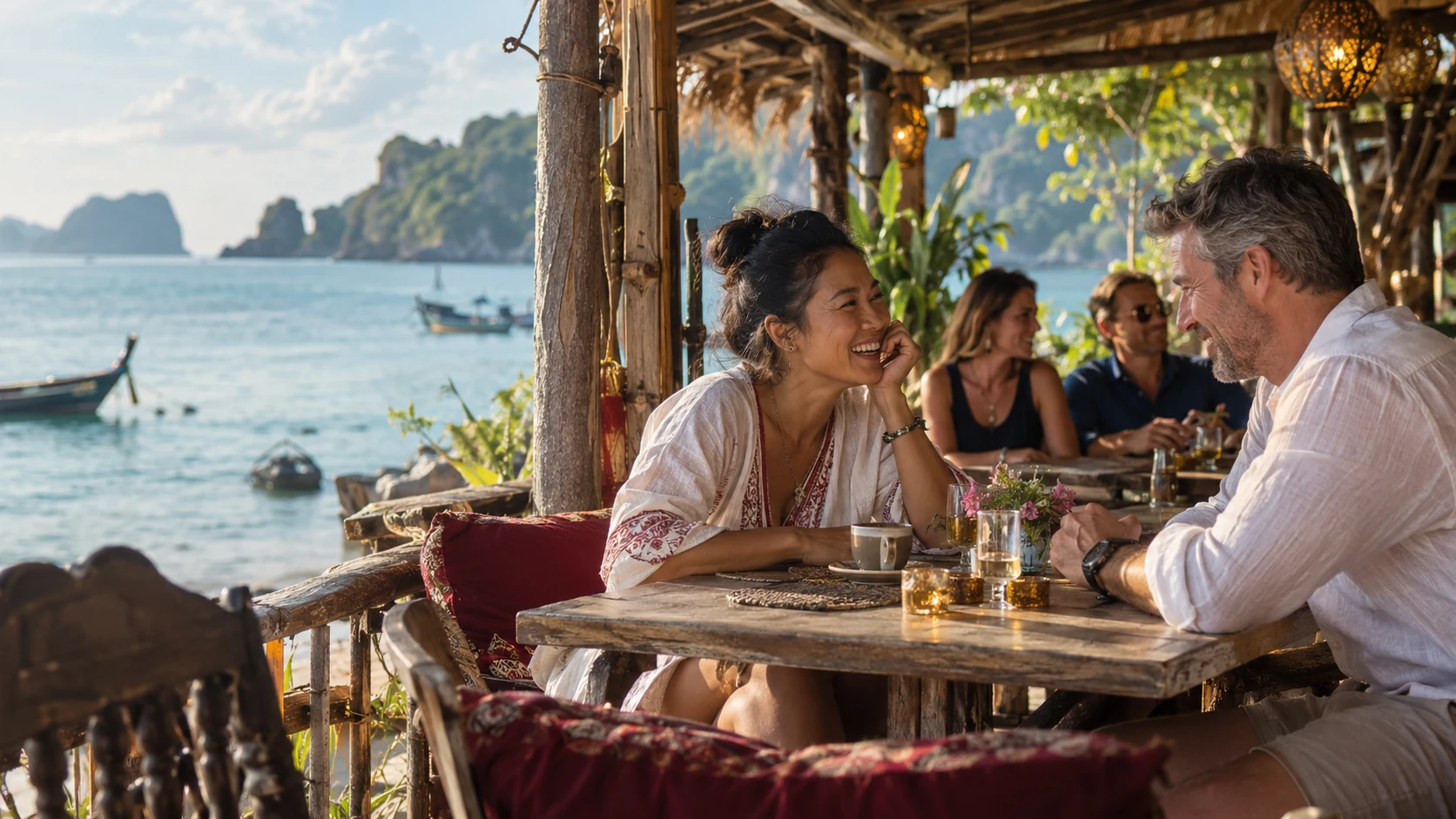 Friends talking at a café overlooking the sea