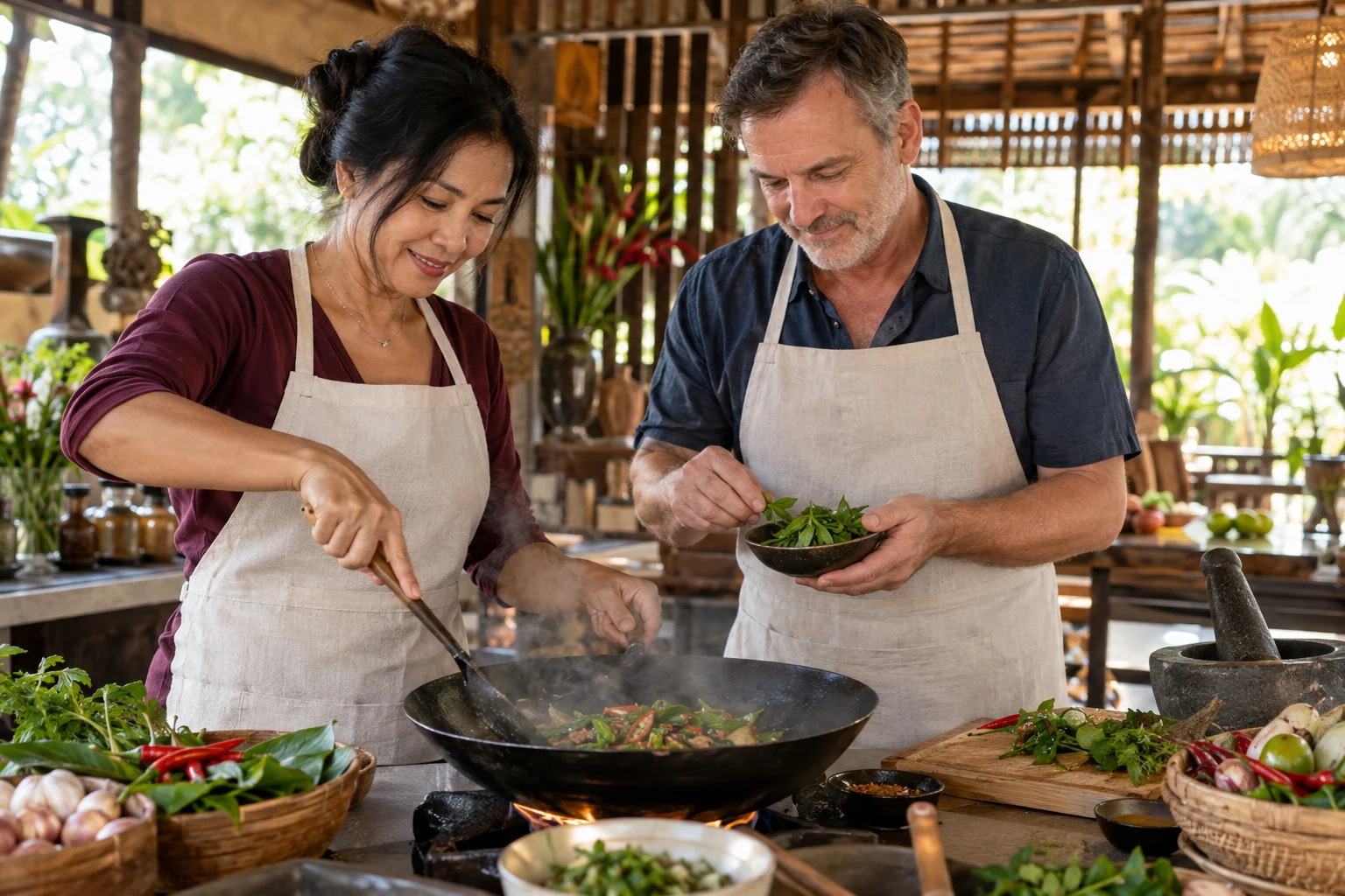 Two friends cooking together in an outdoor kitchen