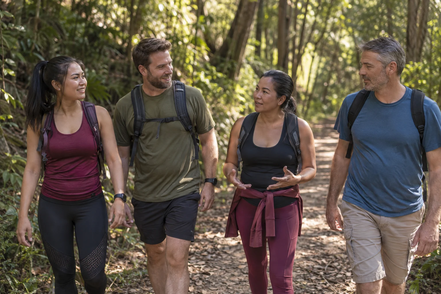 Friends walking together on a forest trail