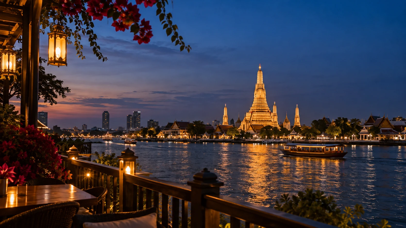 Bangkok riverfront illuminated in the evening
