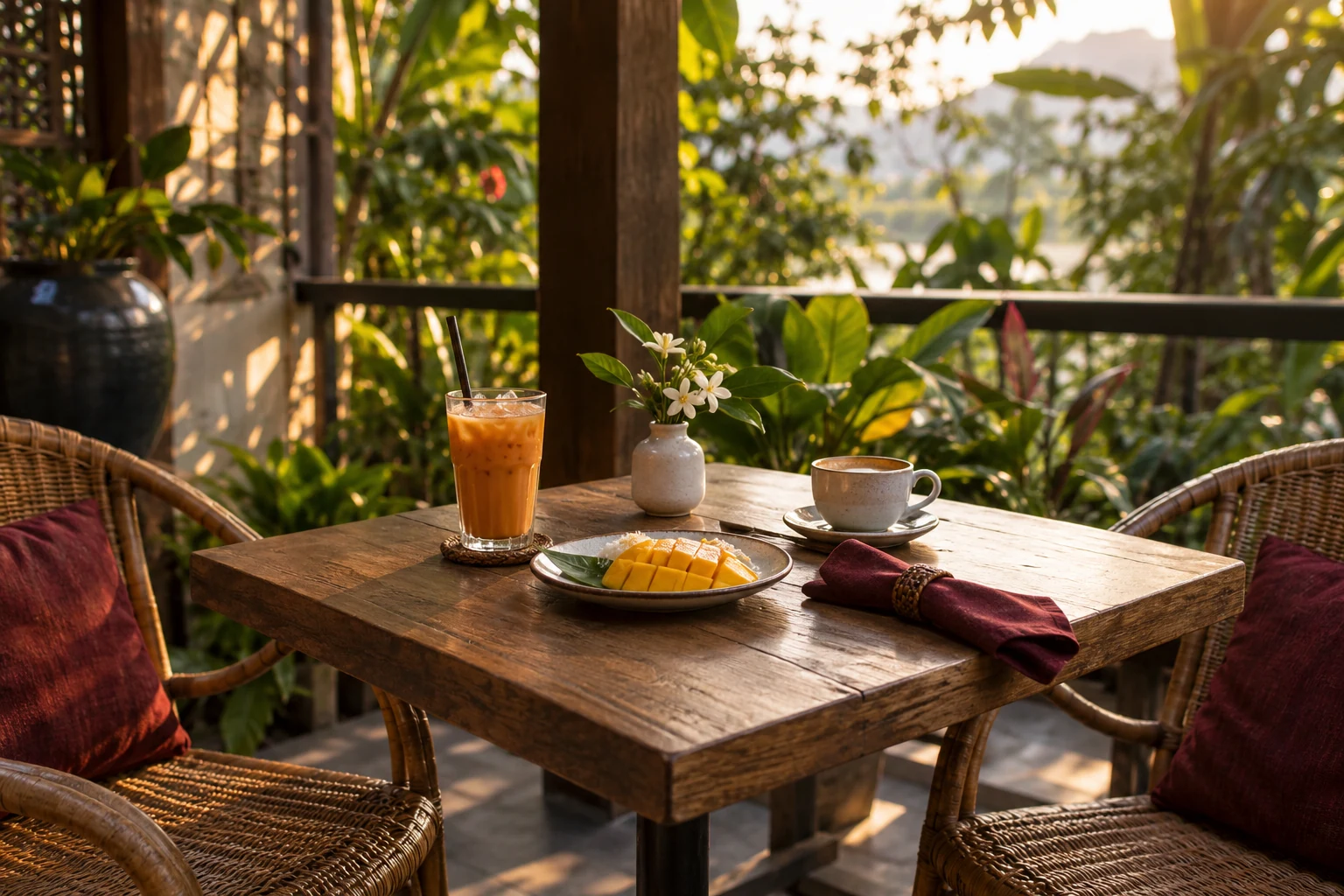 Tea and coffee on a leafy terrace table